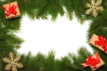 Christmas background. Top view with copy space. fir tree with cone isolated on white background