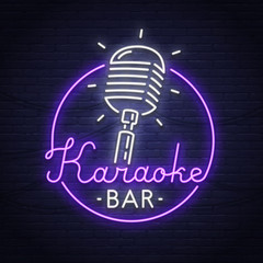 Karaoke neon sign. Neon sign. Karaoke logo, emblem and label. Bright signboard, light banner. 