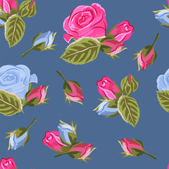Vintage seamless pattern with cute pink and blue roses. Hand-drawn floral background for textile, cover, wallpaper, gift packaging, printing.Romantic design for calico.