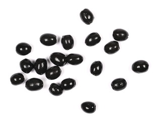 Black olives isolated on white background, top view