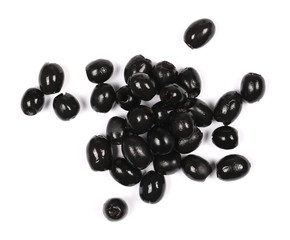 Black olives isolated on white background, top view