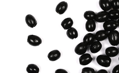 Black olives isolated on white background, top view