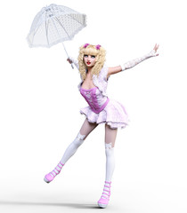 Young beautiful girl with doll face umbrella posing photo shoot.Short light pink dress, stockings, shoes.Long blonde hair.Bright goth make up.Conceptual fashion art.Realistic 3D render illustration.