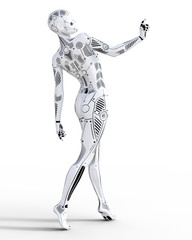 Robot woman. White metal droid. Artificial Intelligence. Conceptual fashion art. Realistic 3D render illustration. Studio, isolate, high key.