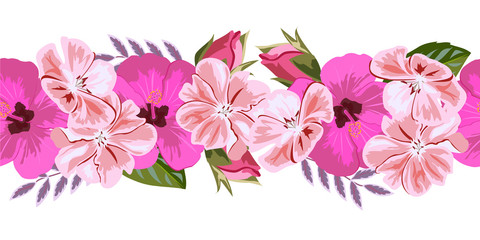 Seamless floral border with geranium and hibiscus. Hand-drawn pattern on white background. Design element for cards, invitations, wedding, congratulations. Panoramic format.