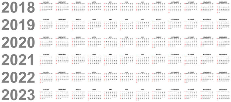 Simple editable vector calendars for year 2018 2019 2020 2021 2022 2023 sundays in red first