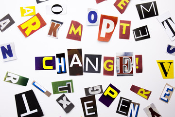 A word writing text showing concept of Change made of different magazine newspaper letter for Business case on the white background with copy space