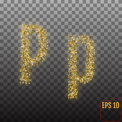 Vector Alphabet. Gold letter P on transparent background. Gold alphabet logo. Golden confetti and glitter concept. Font style - vector illustration.