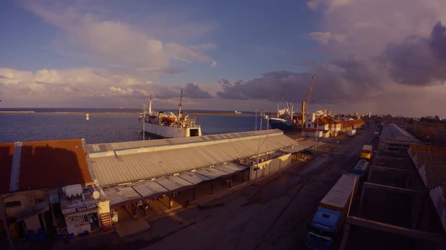 sea port and ships from the height of the tower of the medieval fortress