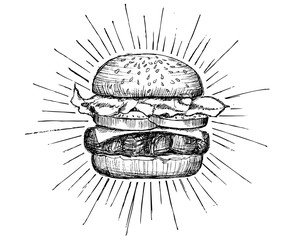 Vector vintage burger drawing. - obrazy, fototapety, plakaty