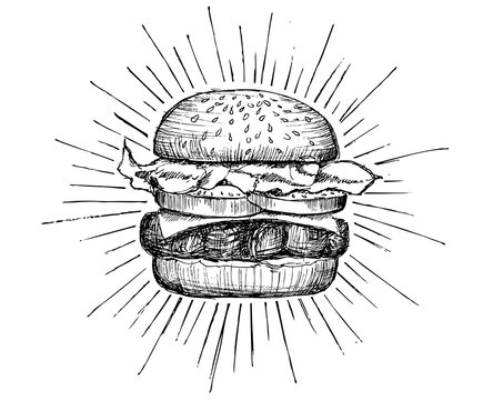 Vector vintage burger drawing.