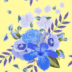 Seamless pattern with hibiscus and roses. Hand-drawn floral background for textile, cover, wallpaper, gift packaging, printing.Romantic design.Blue flowers on  yellow background.