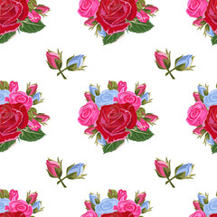 Seamless pattern with beautiful roses. Hand-drawn floral background for printing on fabric, clothing, home textiles, wallpaper, gift wrapping. Romantic design.