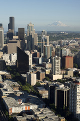 High Angle of Seattle Cityscape with Mount Rainier