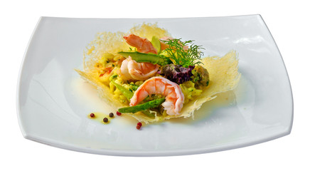 Risotto with shrimps and asparagus isolated on white