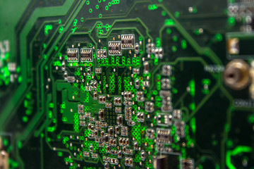 Fototapeta premium Circuit board. Electronic computer hardware technology. Motherboard digital chip. Tech science background. Integrated communication processor. Information engineering component.