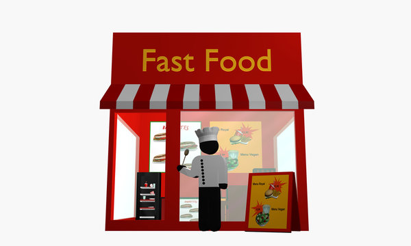 Fast Food Imbiss mit Koch der davor steht.
