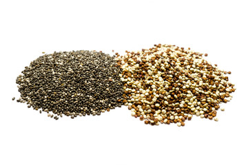 quinoa und Chia samen isoliert freigestellt auf weißen Hintergrund, Freisteller