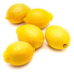 Composition of five whole yellow lemons isolated on white background .