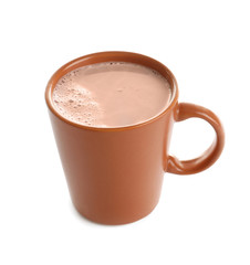 Cup with delicious cocoa drink on white background