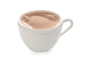 Cup with delicious cocoa drink on white background