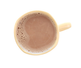 Cup with delicious cocoa drink on white background