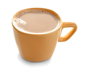 Cup with delicious cocoa drink on white background