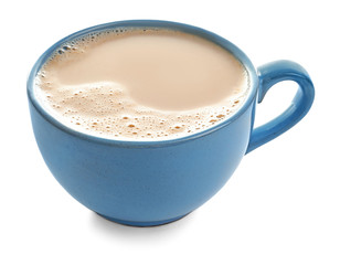 Cup with delicious cocoa drink on white background