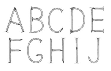 Alphabet made from nails on white background ( part 1 ). Letters A,B,C,D,E,F,G,H,I and J.