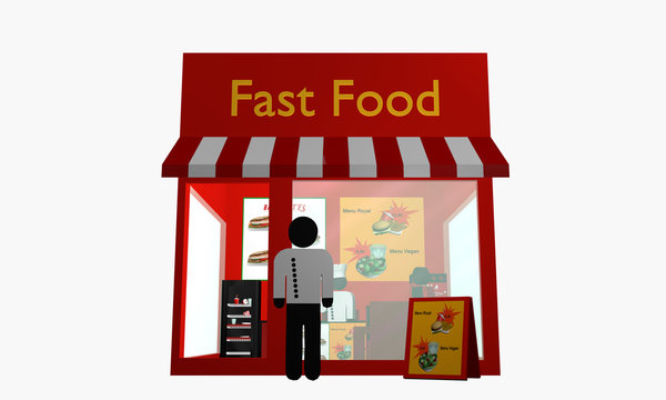 Fast Food Imbiss mit Figuren. Ansicht von vorne