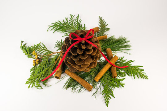 Pine Cone With A Red Ribbon Bow And Cinnamon Sticks On White Pine And Cedar Boughs