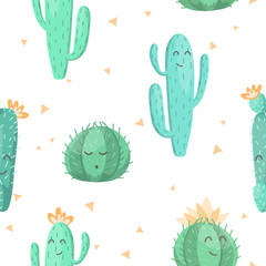 Seamless pattern with cute kawaii cactus and succulents with funny faces. isolated on white background. Vector illustration. wrapping paper design