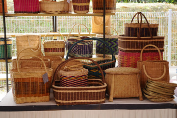 Malaysian handicraft commercialized and displayed for sale. Mainly made from bamboo and rattan. 