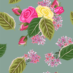 Seamless pattern with beautiful roses, leaves and cute pink flowers. Hand-drawn floral background for printing on fabric, clothing, home textiles, wallpaper, gift wrapping. 