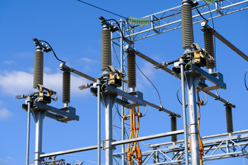 Isolators and transformers at the electrical substation. Electrical equipment