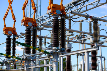 Isolators and transformers at the electrical substation. Electrical equipment