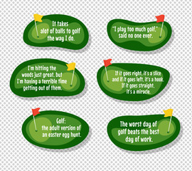 Set of funny quotes about golf with cartoon golf course map backgrounds