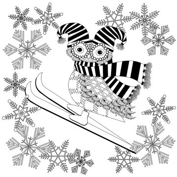 Monochrome cartoon owl in striped scarf, hat, skiing in snowflex frame for coloring page anti stress, for print stock vector illustration