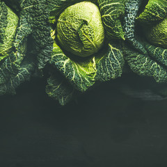 Raw fresh uncooked green cabbage over dark background, top view, copy space, square crop