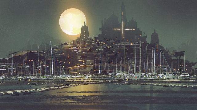 night scenery of port city with moon light, digital art style, illustration painting