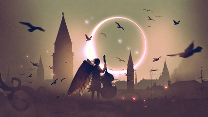 angel playing cello on roof top against night city with beautiful solar eclipse, digital art style, illustration painting © grandfailure