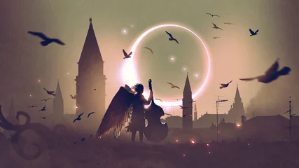 Fototapeten angel playing cello on roof top against night city with beautiful solar eclipse, digital art style, illustration painting © grandfailure