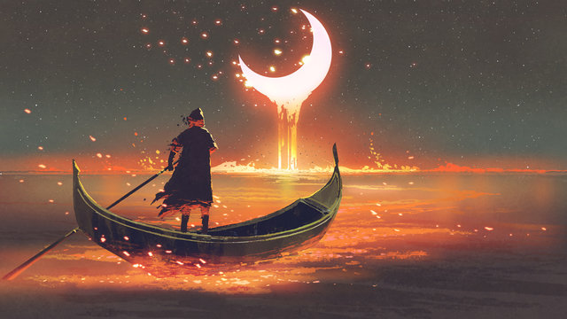 surreal concept of the man rowing a boat in the glowing sea looking at the melting crescent moon, digital art style, illustration painting