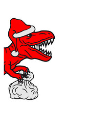 halb kopf weihnachten sack geschenke winter weihnachtsmann mütze nikolaus santa claus brüllen t-rex tyrannosaurus saurier rex fleischfresser groß monster dinosaurier dino böse gefährlich fressen jagen