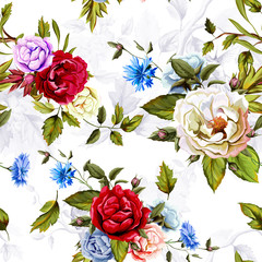 Wild Roses, peony, cornflowers, with leaves and humming bird on background on white. Stylized. Watercolor, hand drawn. Seamless pattern. Vector - stock.