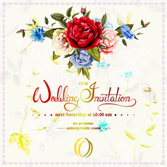 Wedding invitation with wild roses, peony, cornflowers This template can be used as other type of invitations and holidays. Vector - stock.