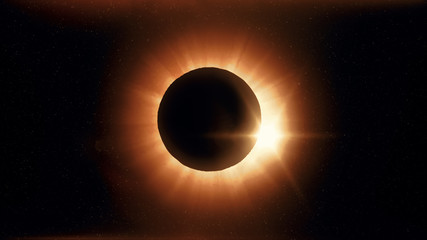 Full solar eclipse. The Moon mostly covers the visible Sun creating a diamond ring effect. This astronomical phenomenon can be seen as a sign of the End of the World. 3d illustration