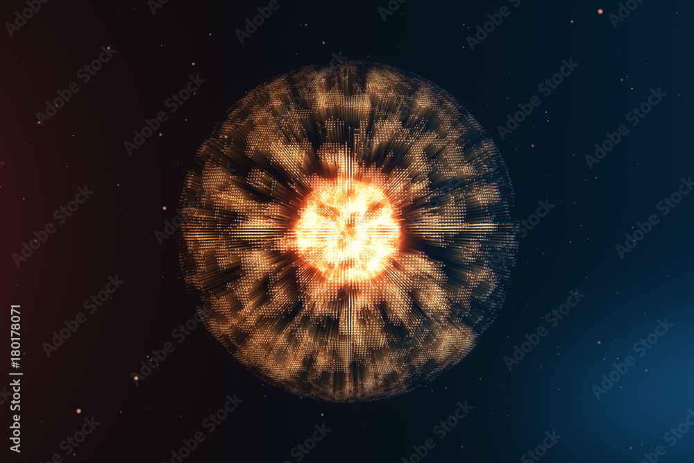 Poster animated abstract sphere from connected dots with a glow core 3d illustration