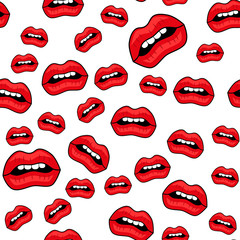 Abstract seamless lips pattern for girls or boys. Creative vector background with red lips, mouth. Funny wallpaper for textile and fabric. Fashion mouth pattern style. Colorful bright picture