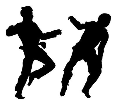 Fight between two taekwondo fighters vector silhouette illustration. Sparring on training action. Self defense, defence art exercising concept. Warriors in the martial arts battle.